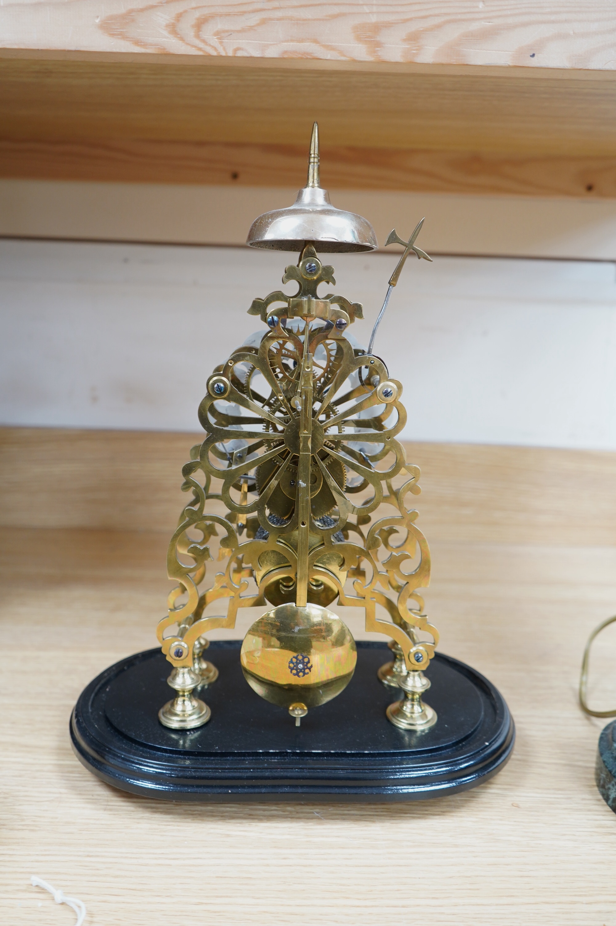 A Victorian brass single fusee passing strike skeleton clock, with pendulum, lacking dome and key, 39cm. Condition - good, not tested